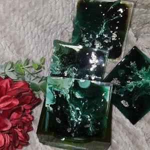 Gorgeous Green and Silver Coasters with Holder